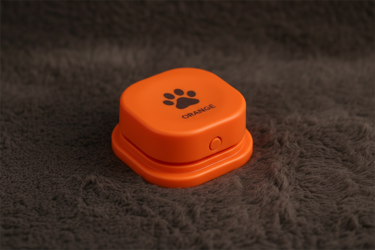 Single orange pet communication button hero shot on faux fur