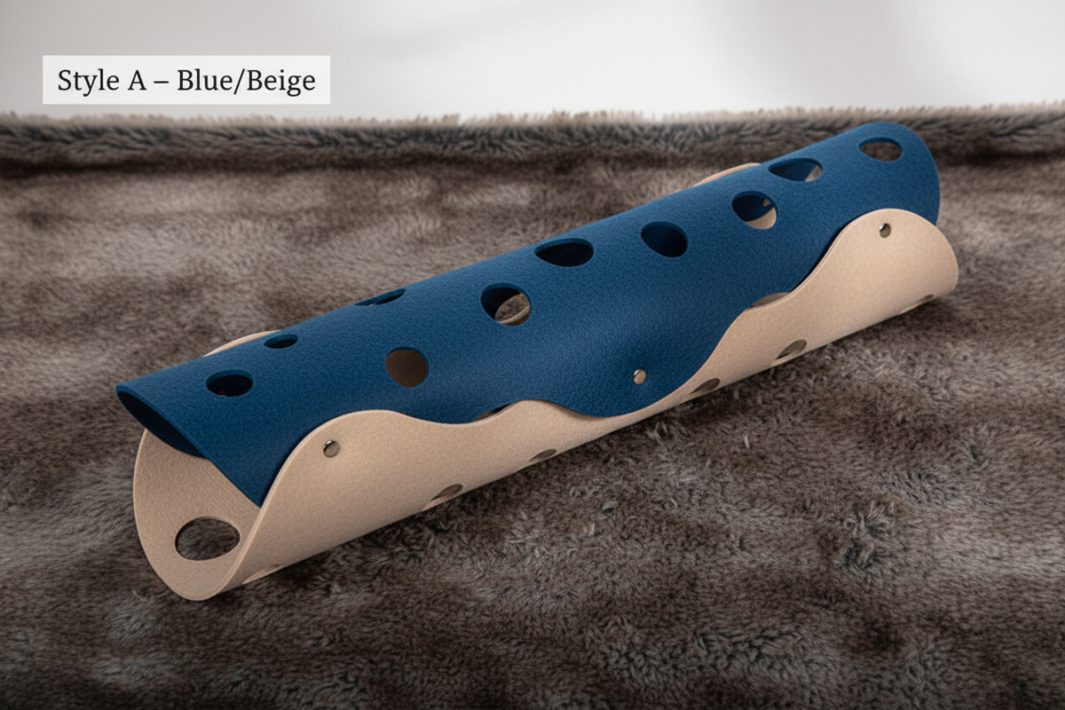 Style A blue beige felt roll tunnel hero shot on faux fur