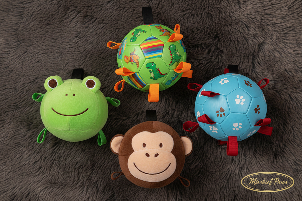 Flat lay of all 5 dog ball variants on faux fur