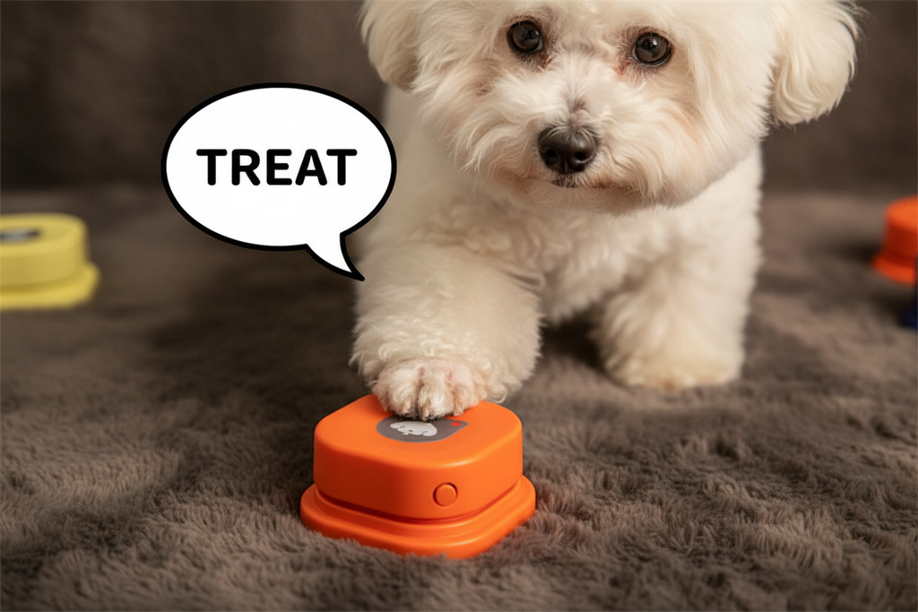 Bichon Frise pressing orange pet communication button on faux fur with TREAT speech bubble