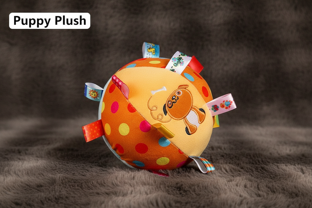 Puppy Plush orange polka dot ball hero shot on faux fur