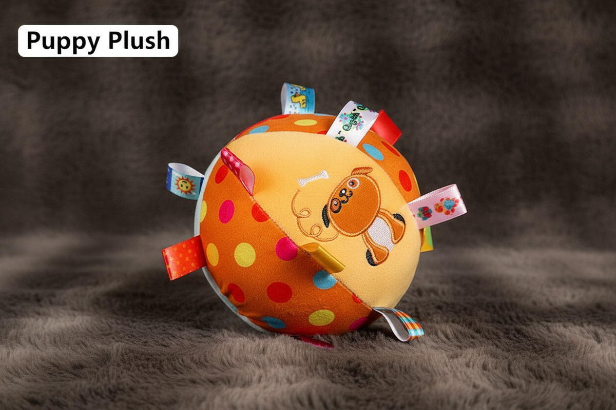 Puppy Plush orange polka dot ball hero shot on faux fur