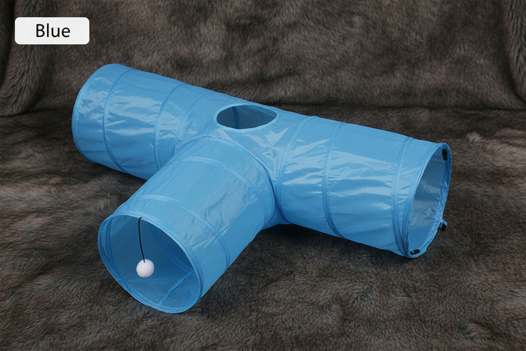 Solid blue T-shape cat tunnel hero shot on faux fur