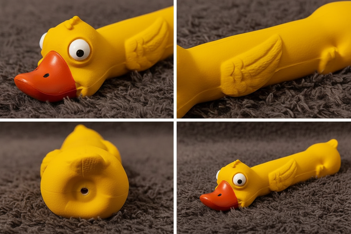 4-panel close-up collage of yellow duck toy