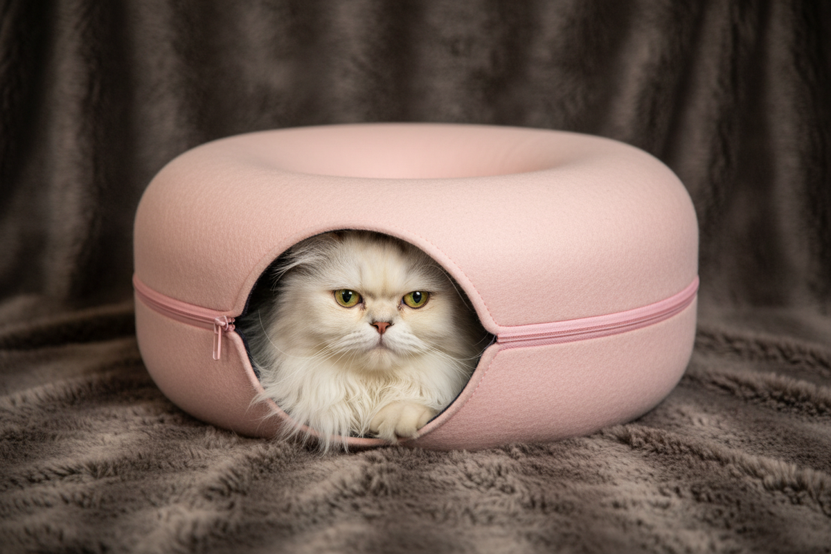 White Persian cat inside pink felt donut tunnel nest on faux fur