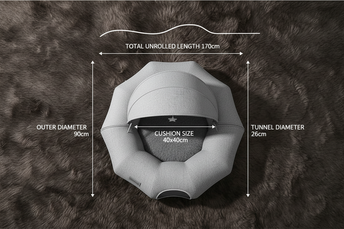 Size spec infographic for round donut cat tunnel nest