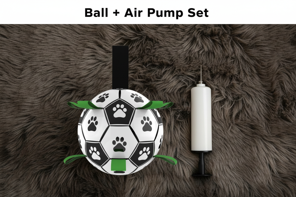 Ball and air pump bundle shot on faux fur