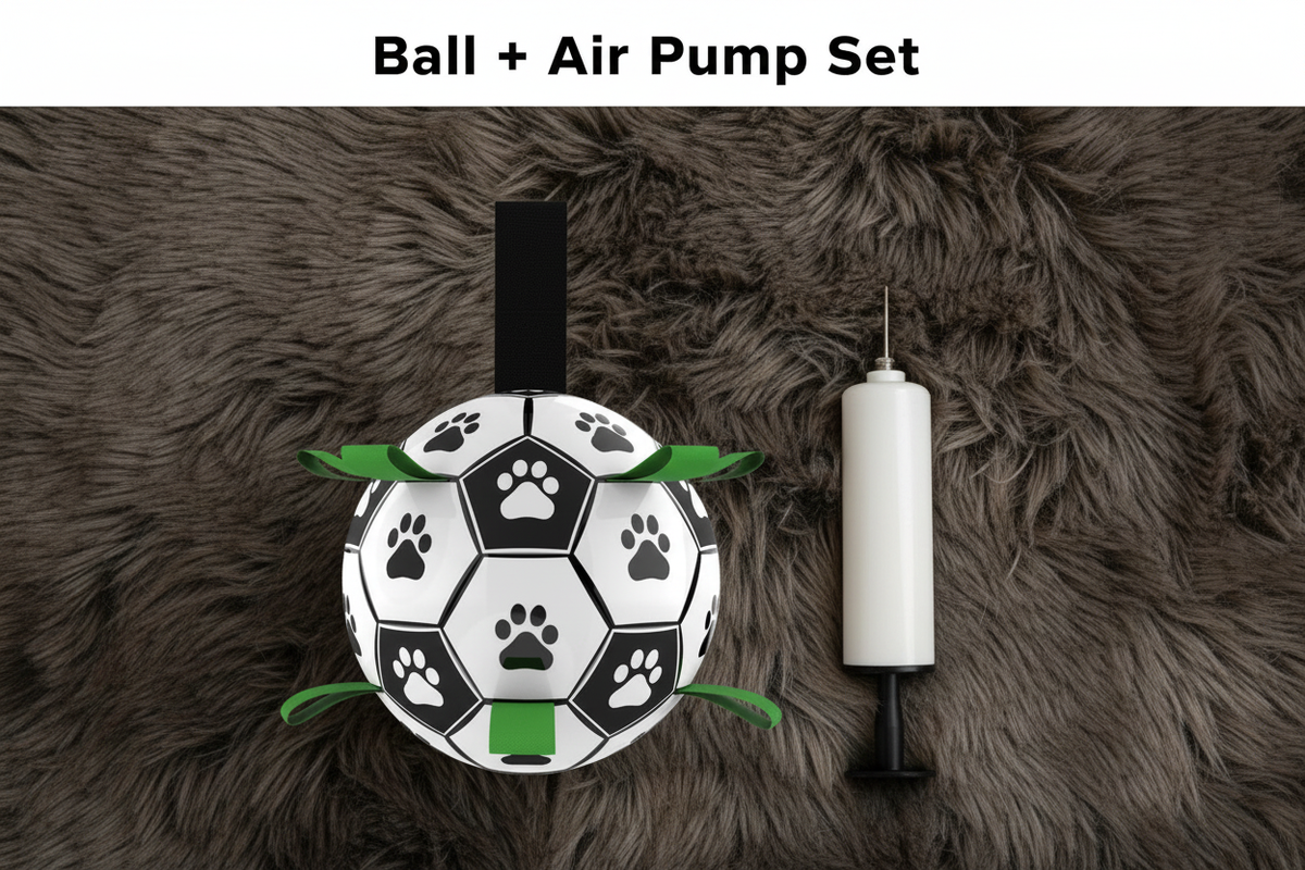 Ball and air pump bundle shot on faux fur