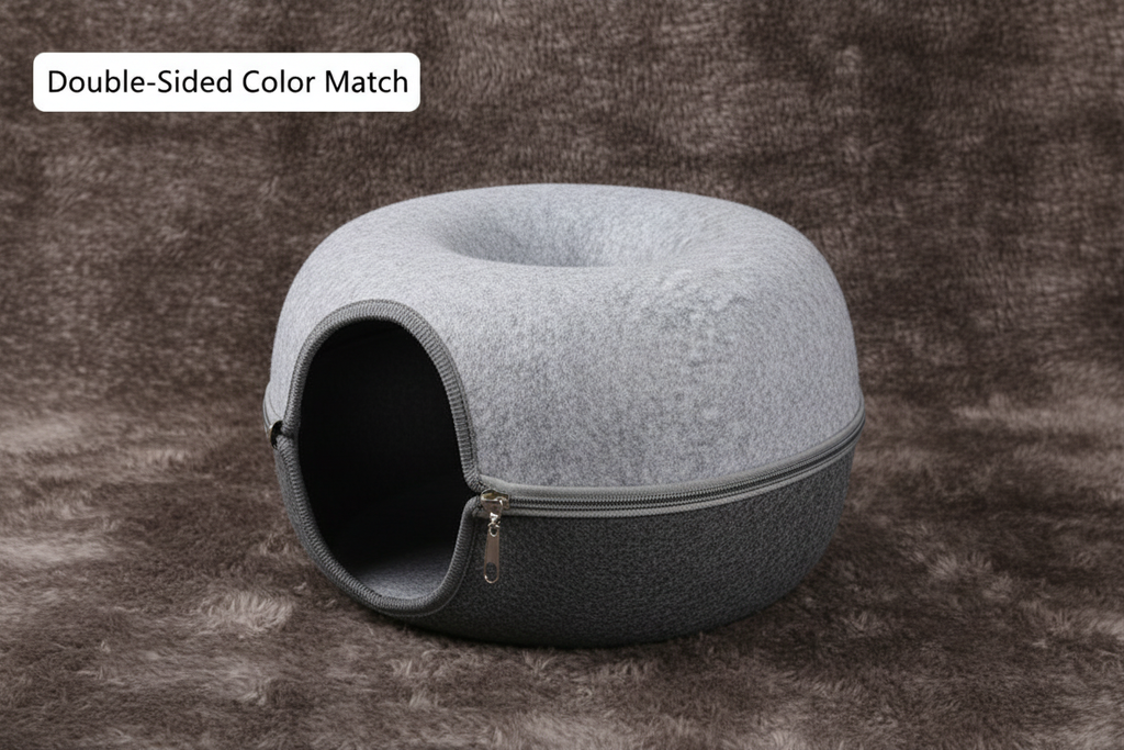 Double-sided light gray dark gray felt donut cat tunnel nest on faux fur