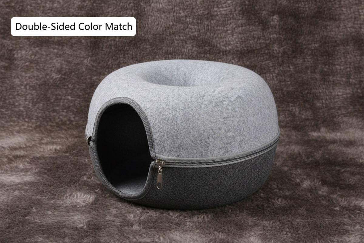 Double-sided light gray dark gray felt donut cat tunnel nest on faux fur