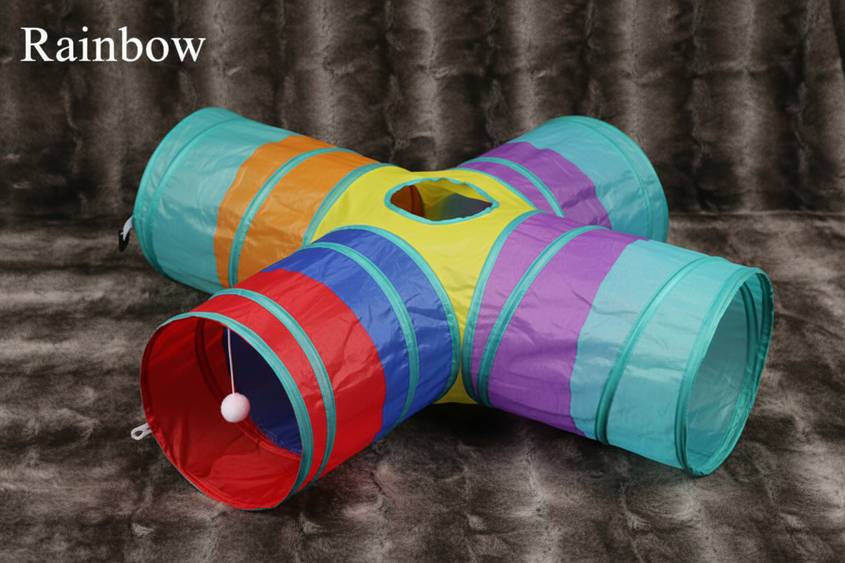 Rainbow multicolor T-shape cat tunnel hero shot on faux fur