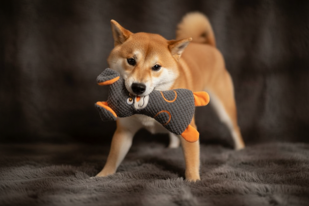 Shiba Inu dog biting gray waffle plush squeaky toy on faux fur
