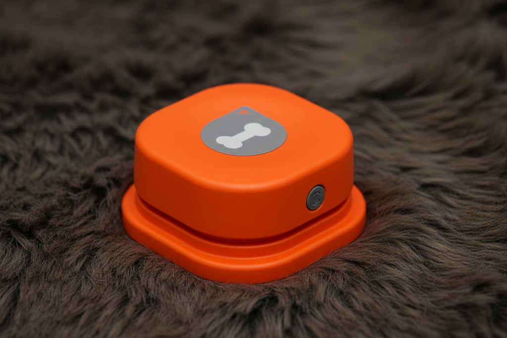 Close-up macro of orange pet communication button texture and detail on faux fur