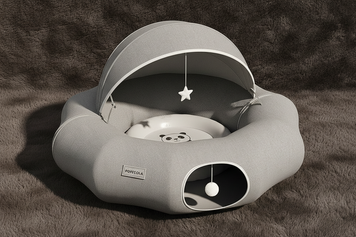 Round cloud cat tunnel nest frontal hero shot with cushion