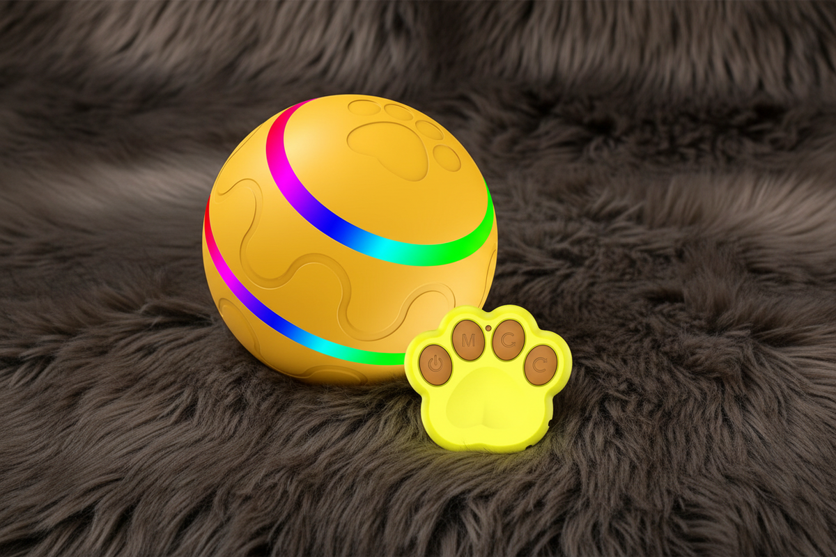 Yellow ball with paw-shaped remote