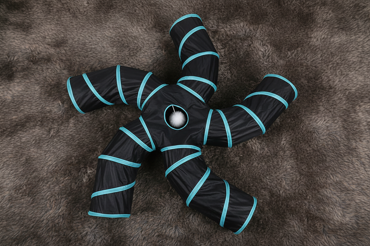 5-channel black teal starfish cat tunnel hero overhead shot on faux fur
