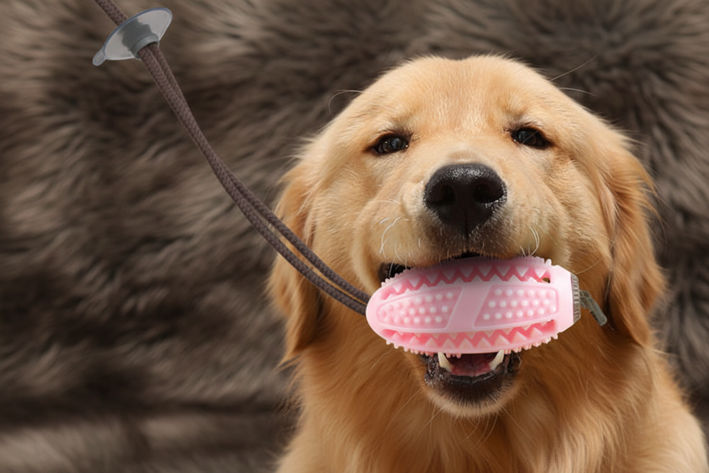 Golden retriever biting pink chew ball