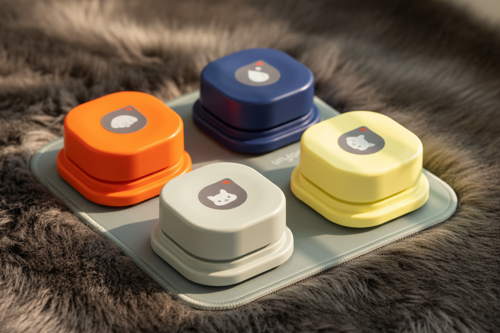 4 pet communication buttons on 4-slot wavy mat hero shot on faux fur