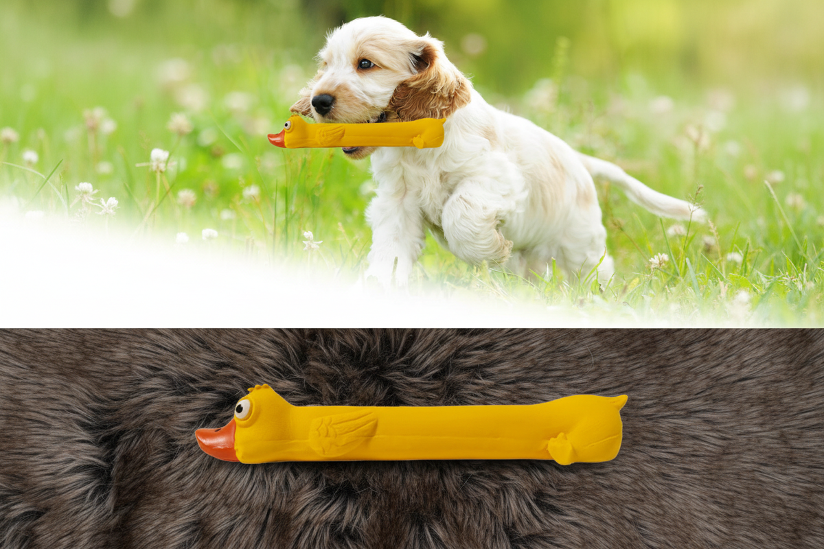 Spaniel running with duck toy plus hero shot