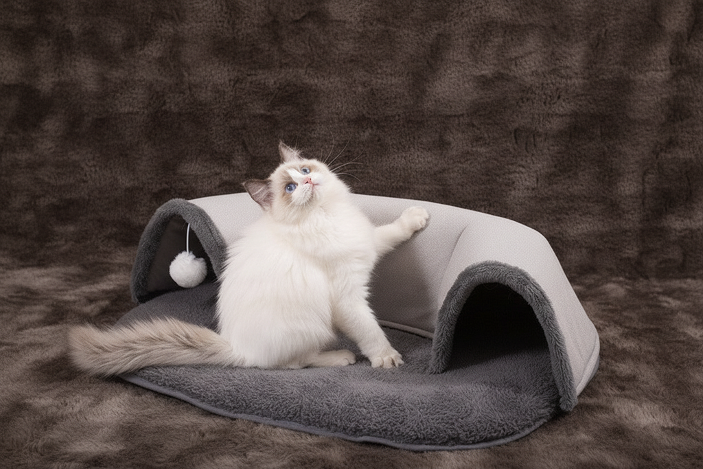 Ragdoll cat emerging from gray oval cat tunnel on faux fur background