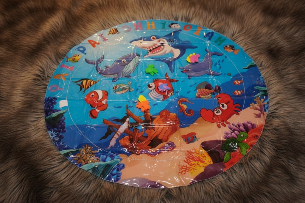Close-up overhead of Undersea World water mat with floating sea figurines on faux fur