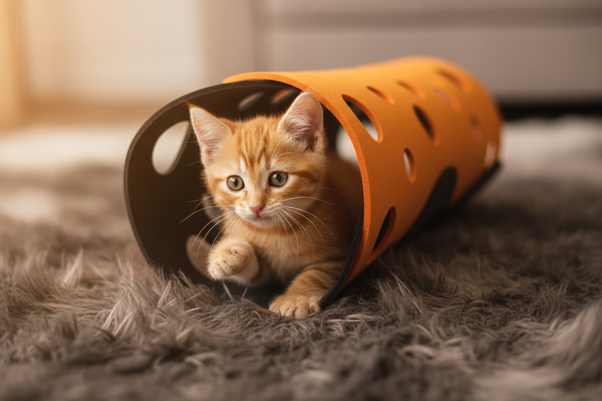 Kitten batting paw through peephole of orange black felt tunnel on faux fur