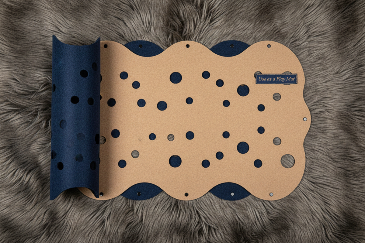 Flat lay of blue beige felt mat unrolled as play carpet on faux fur