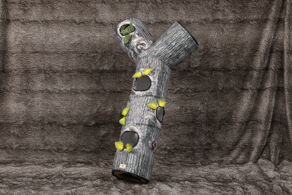 Bark-textured log cat tunnel hero shot on faux fur background