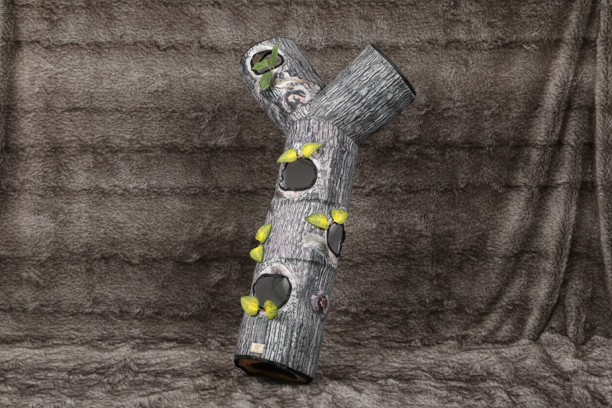 Bark-textured log cat tunnel hero shot on faux fur background