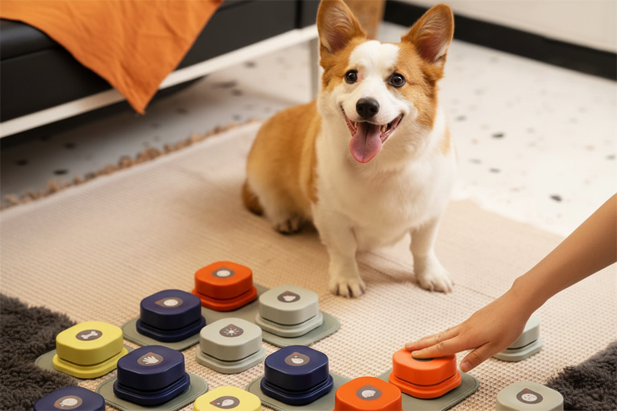 Corgi dog with 9-button communication board setup on faux fur