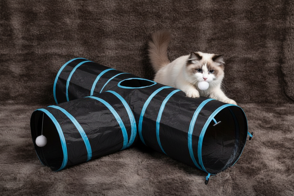 Ragdoll cat playing in black blue stripe T-shape cat tunnel on faux fur