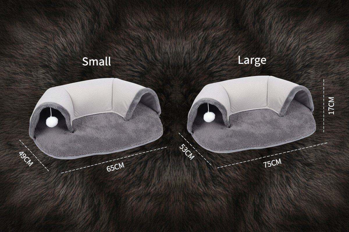 Size comparison small vs large cat tunnel with plush mat