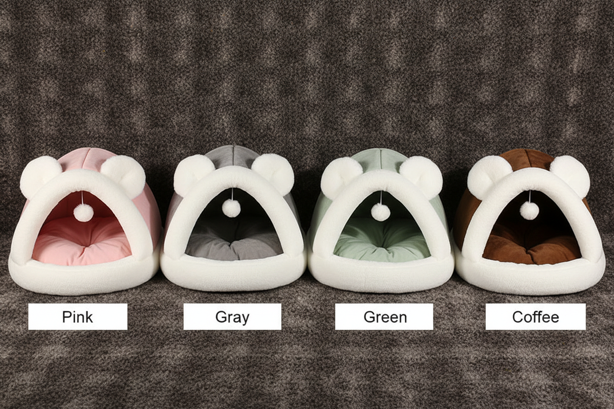 4 color lineup of igloo cave pet beds on faux fur background