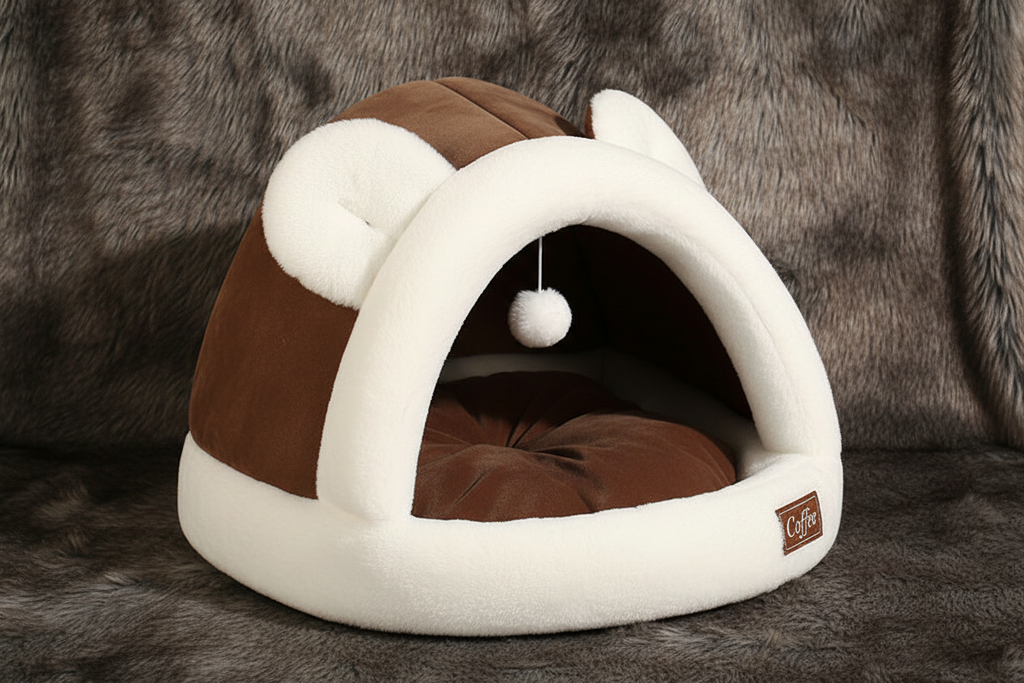 Coffee brown igloo tent cave pet bed hero shot on faux fur