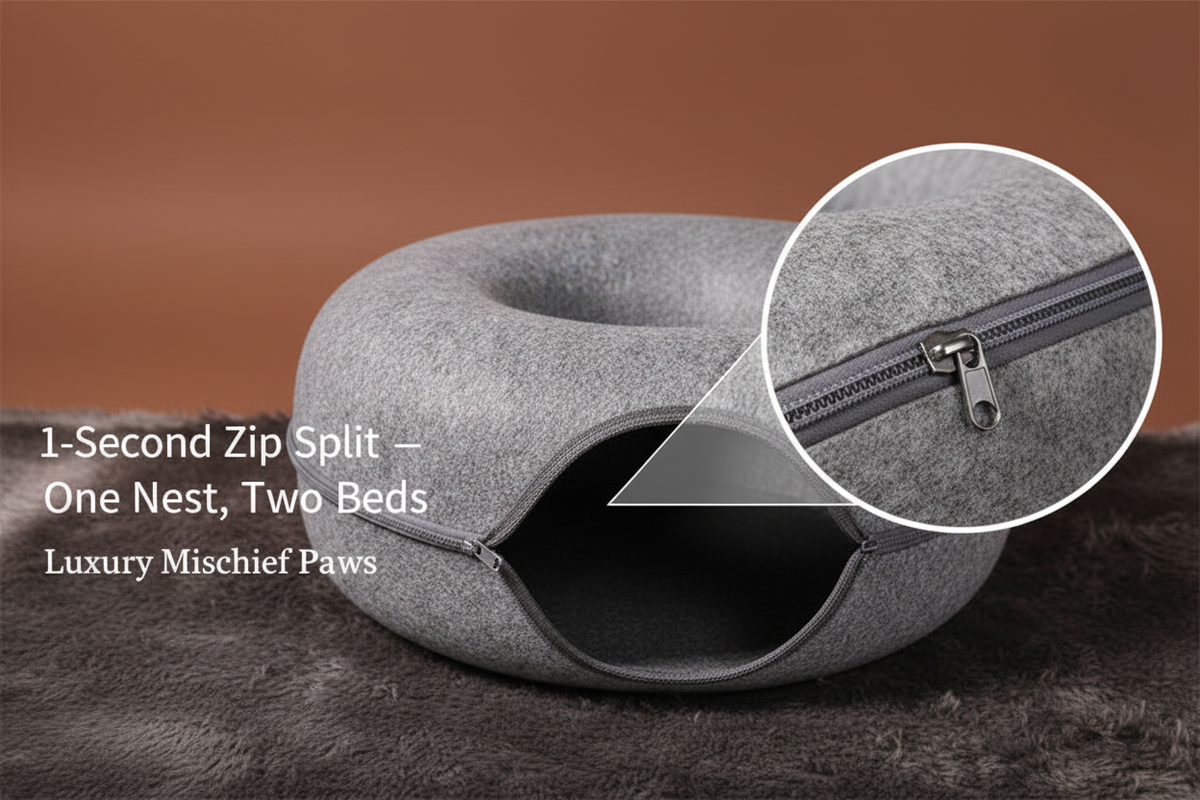 Zipper feature infographic for felt donut cat tunnel nest on faux fur