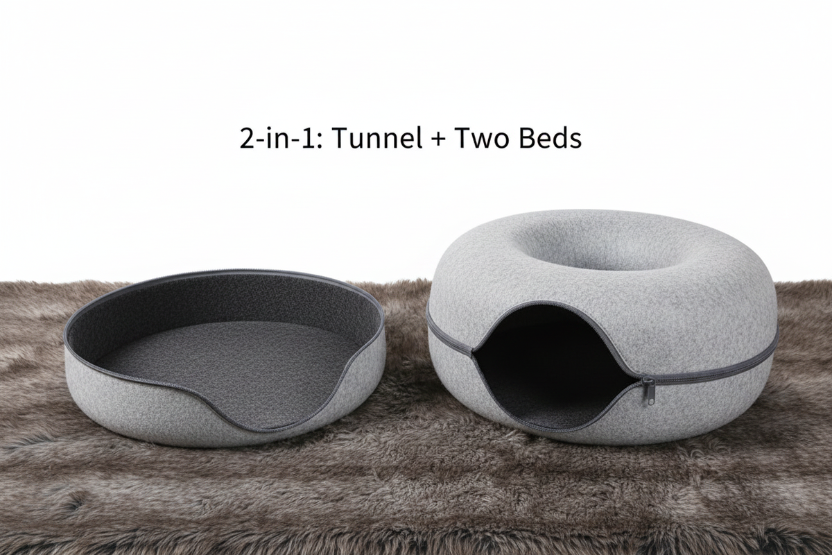 2-in-1 split demonstration: donut unzipped into two separate beds on faux fur